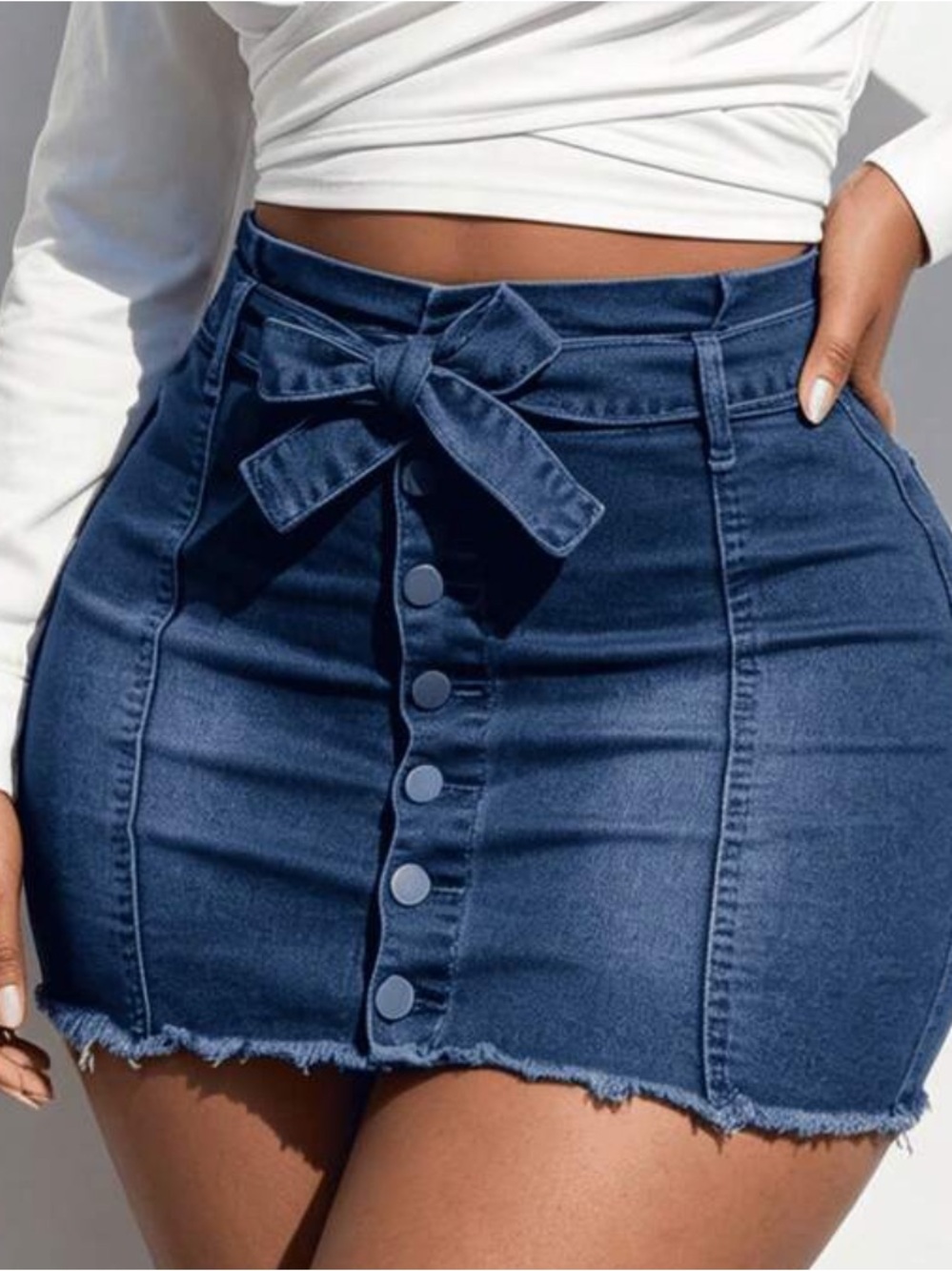 SHEIN Dark Blue Button-Front Denim Mini Skirt with Waist Tie